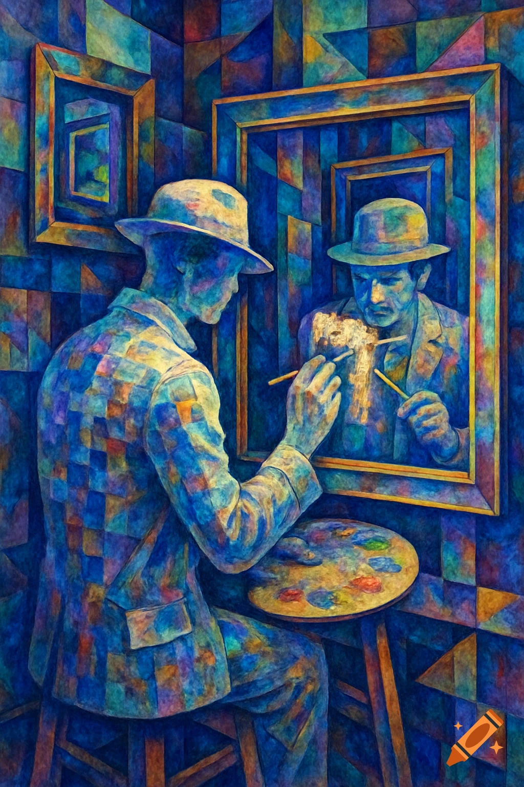 Cubist artwork of a man in a hat painting his own reflection in a mirror, surrounded by blue and gold geometric patterns.