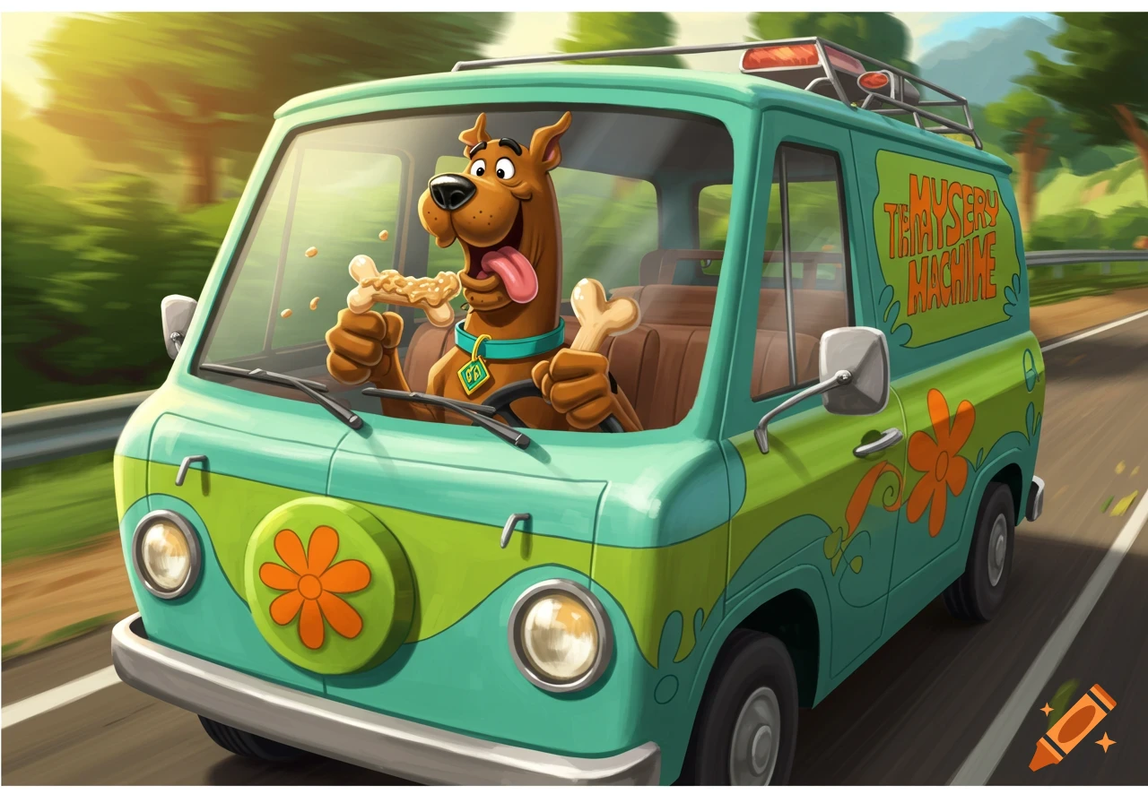 A cartoon Scooby-Doo drives the green and blue Mystery Machine van, eating a bone covered in peanut butter.