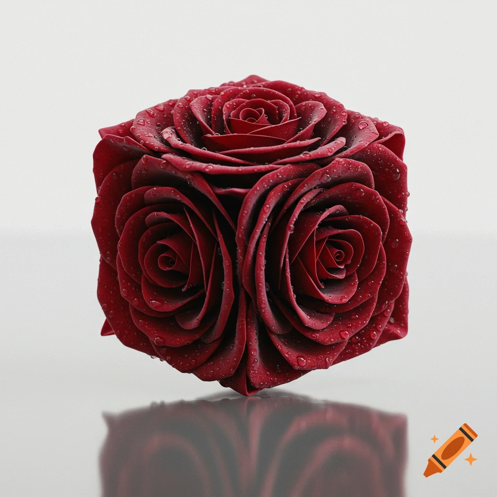 A photorealistic cube-shaped red rose covered in dew drops, against a white background with a reflection.