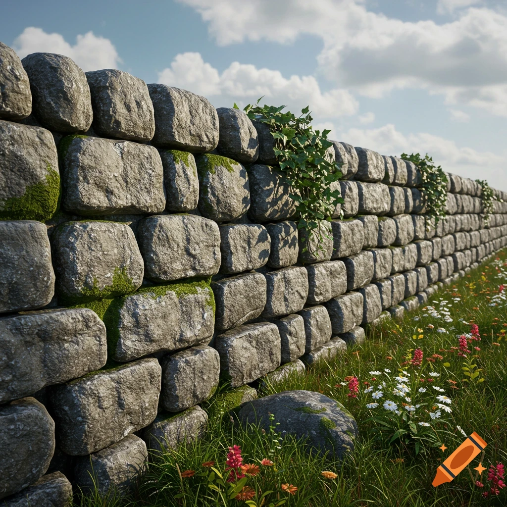 Photorealistic stone wall covered in moss and ivy, flanked by green grass and wildflowers under a cloudy blue sky.