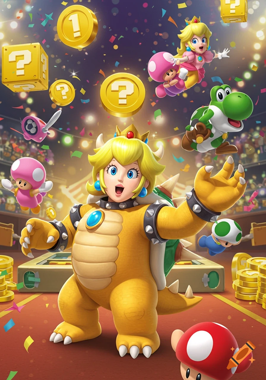 Princess Peach in a Bowser suit with Yoshi, Toadette, and other Mario characters in a festive stadium.