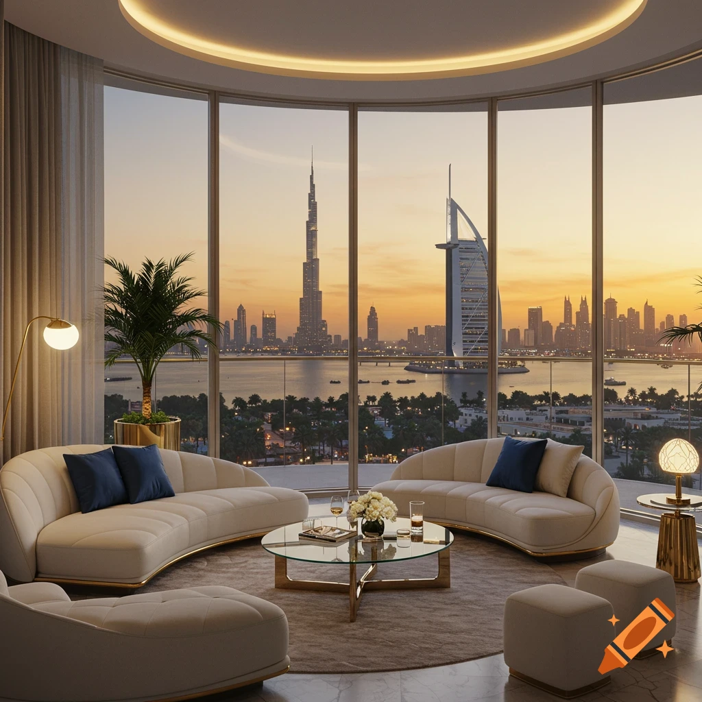 Luxurious apartment living room with cream sofas and a panoramic window view of the Dubai skyline at sunset, featuring Burj Khalifa and Burj Al Arab.