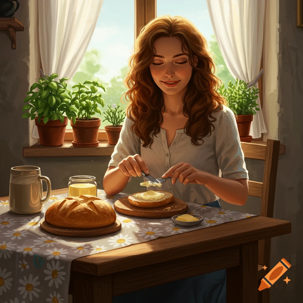 A smiling woman with long brown hair butters a slice of bread at a table with a daisy tablecloth, potted plants on the windowsill.