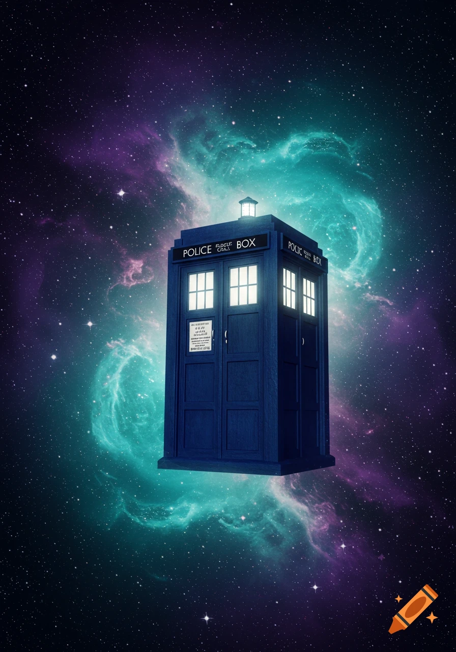 A blue TARDIS floats in deep space against a backdrop of purple and teal nebulae and scattered stars.