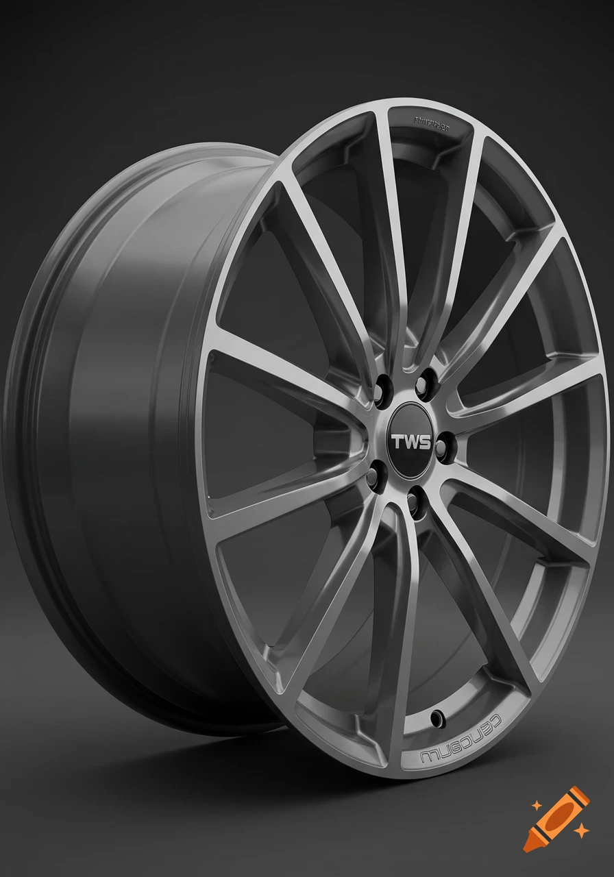 A photorealistic matte silver multi-spoke car wheel with a matte black center cap displaying the 'TWS' logo.