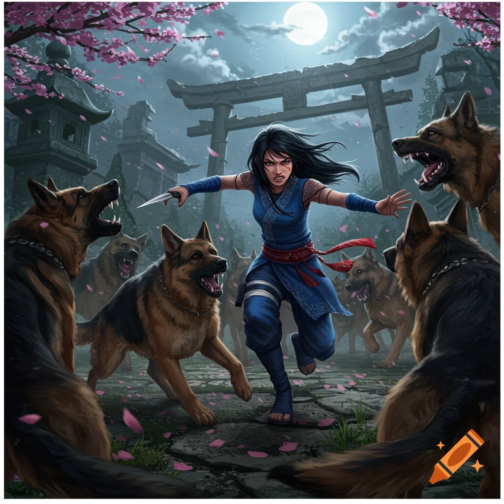 A female shinobi fights off a pack of aggressive German shepherds in a moonlit Japanese garden with cherry blossoms, in a digital art style.