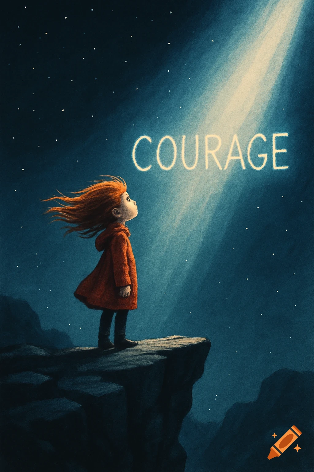 An illustrated child with red hair and a red coat stands on a cliff, looking up at a beam of light in a dark, starry sky that illuminates the word COURAGE.