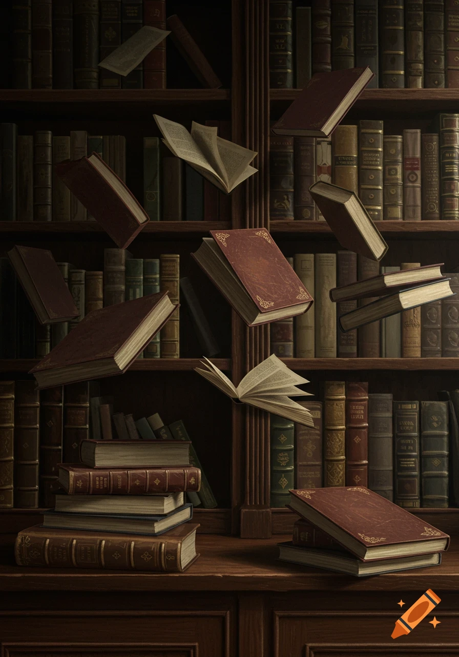 A dimly lit, old-fashioned wooden library with many books on shelves. Several brown books are floating mid-air, some open, some closed.