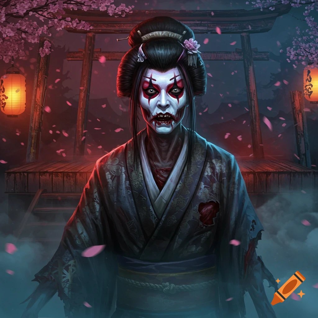 A zombie-like geisha with Kabuki makeup stands under a torii gate with cherry blossoms and lanterns in an eerie, dark setting.