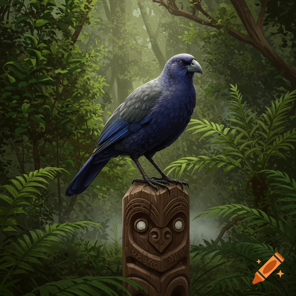 A dark blue and grey bird with a pale beak perches on a carved wooden Maori pou in a misty, lush green forest.