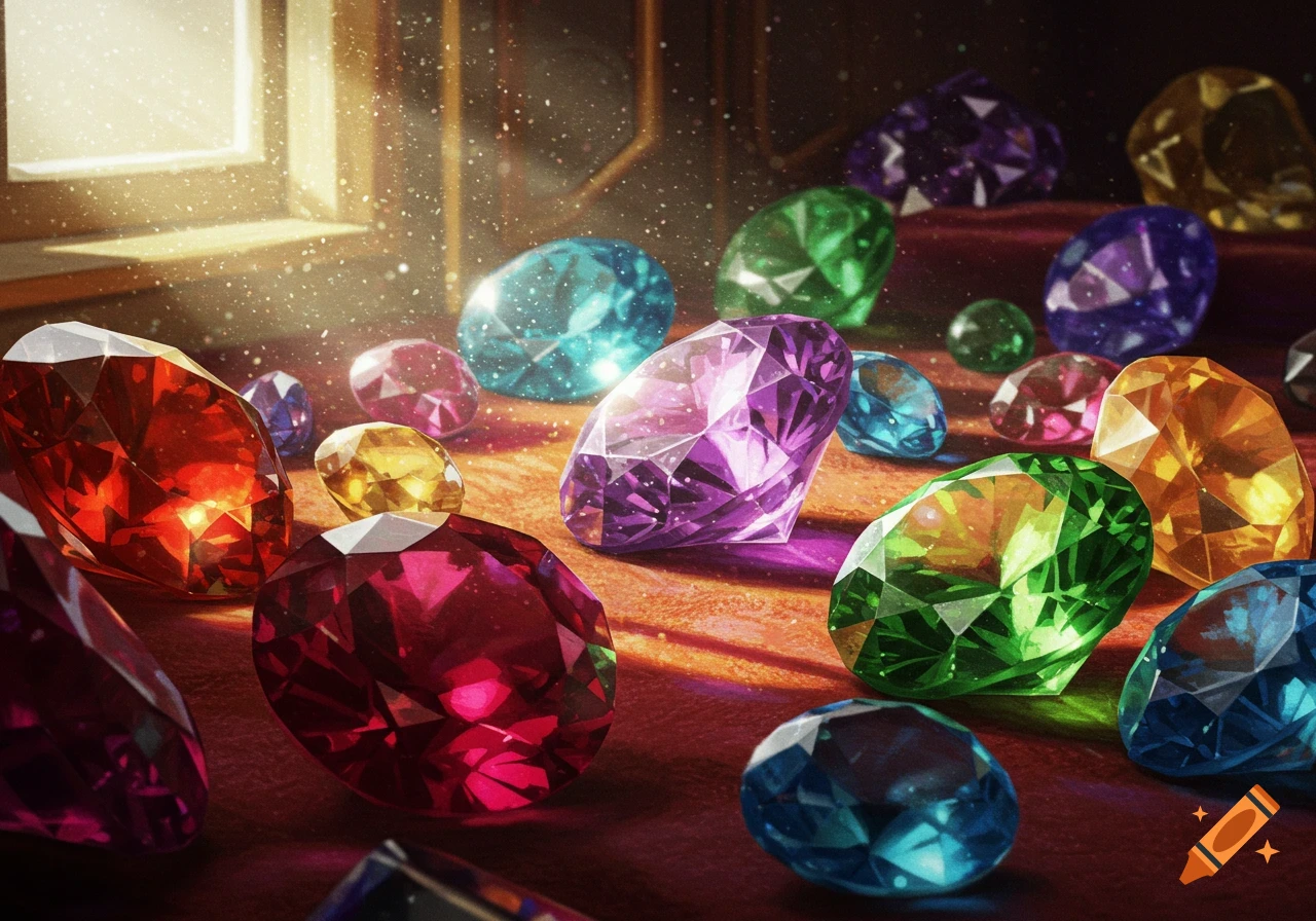 A close-up of numerous sparkling, multi-colored faceted gems scattered on a surface, illuminated by light from a window.