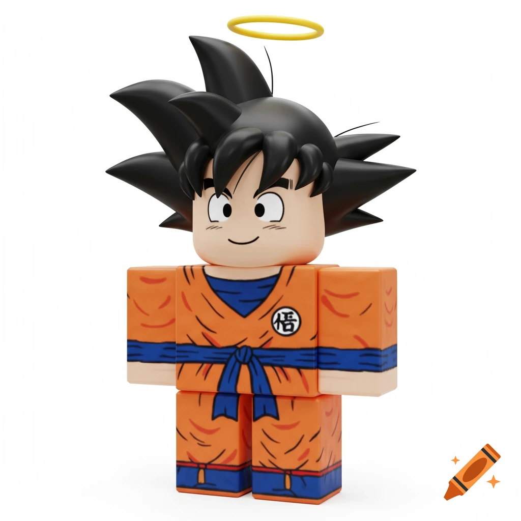 A chibi Roblox-style Goku character with spiky black hair and an orange gi, with a golden halo.