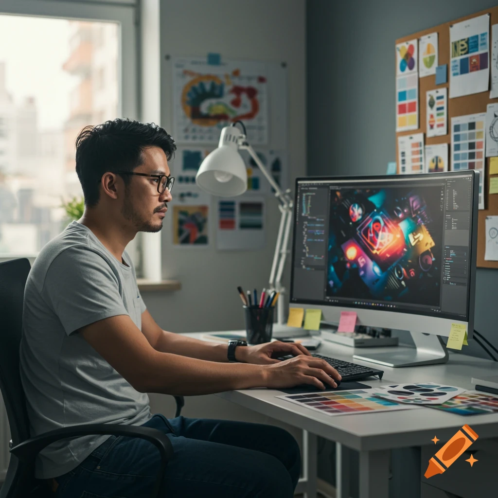 A man with glasses intently works at a computer in a modern office, surrounded by design boards and color palettes.