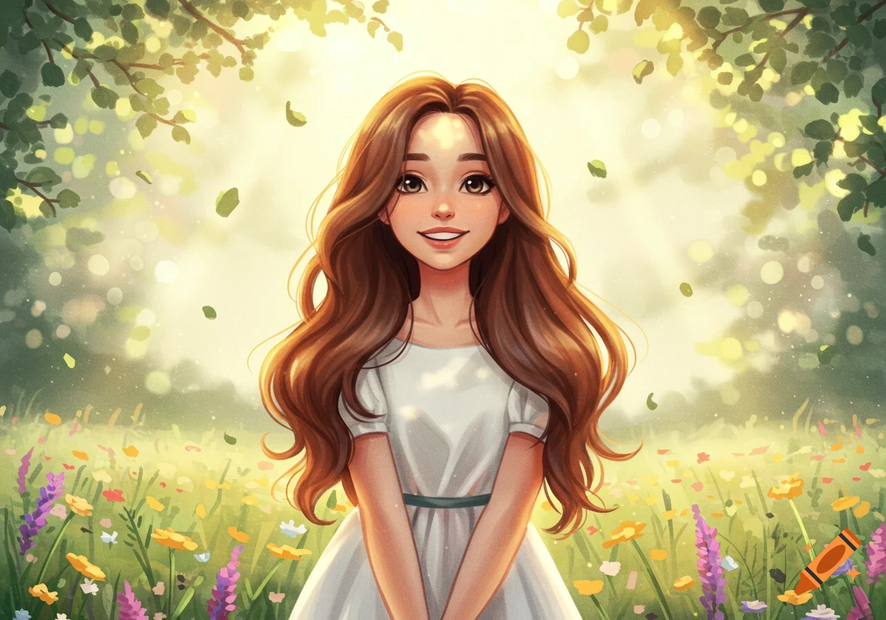 A smiling cartoon girl with long brown hair in a white dress stands in a vibrant field of colorful flowers under sun-dappled trees, in a whimsical illustration style.