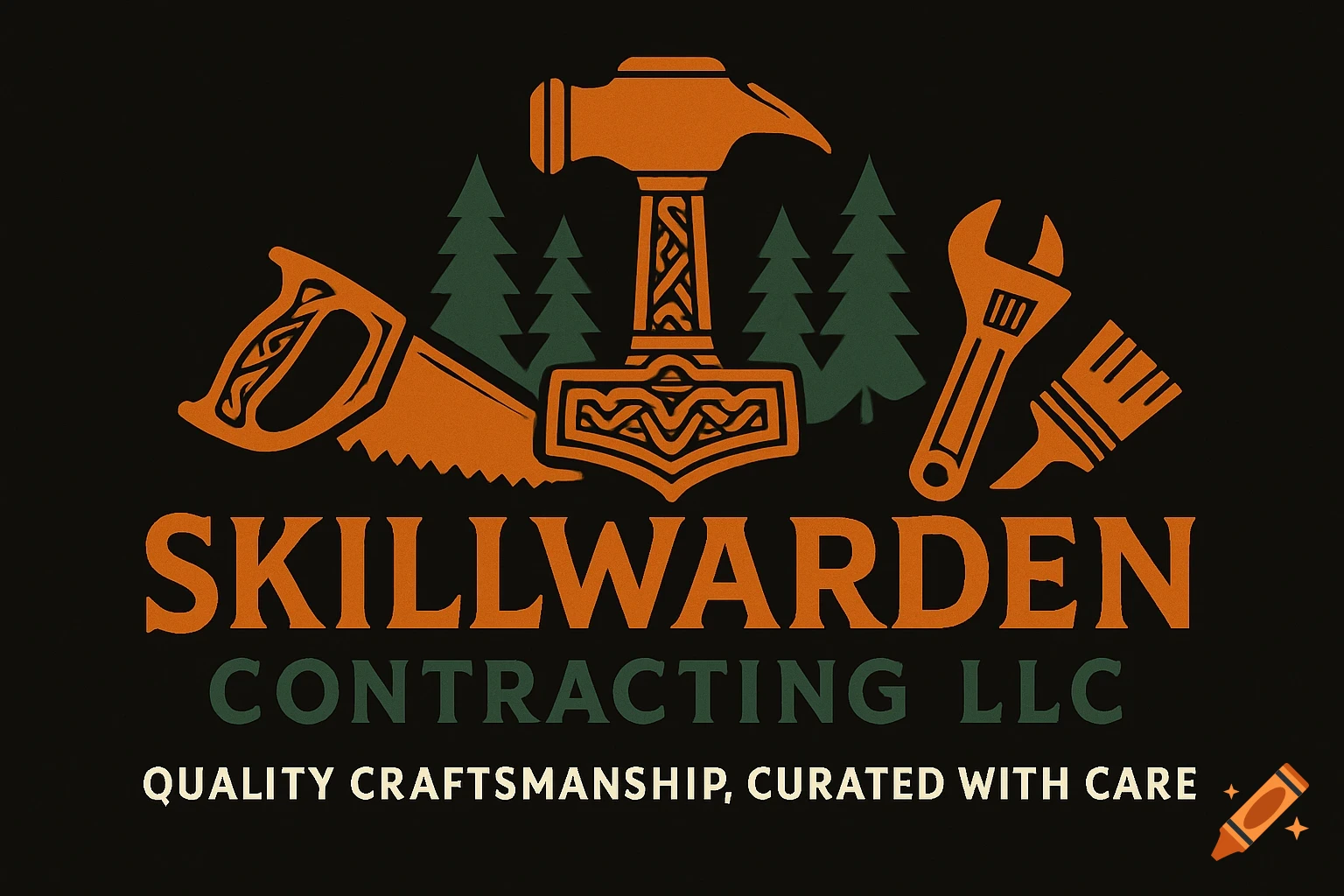 Logo for SkillWarden Contracting LLC featuring a hammer, saw, wrench, paintbrush, pine trees, and text in orange, green, and off-white on a black background.