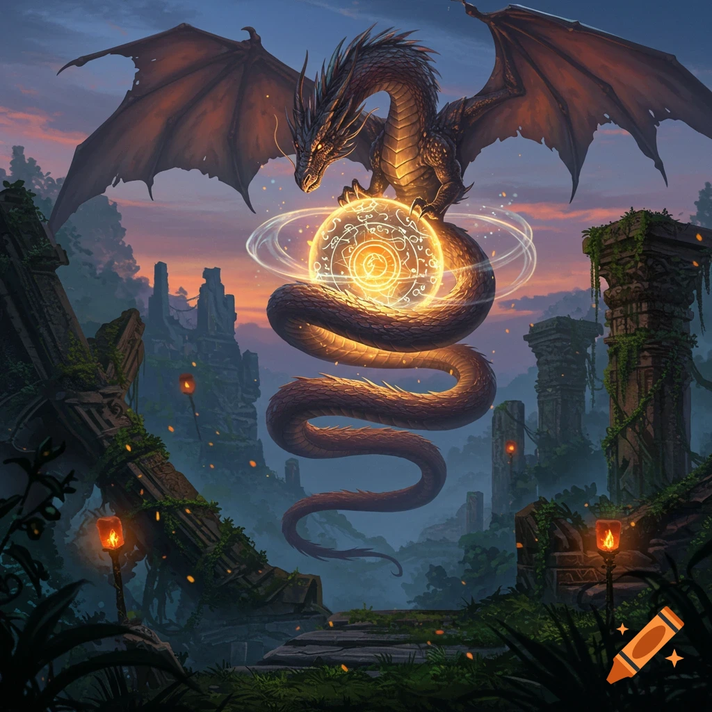 A majestic black dragon with large wings coils around a glowing magical orb amidst ancient ruins at sunset.