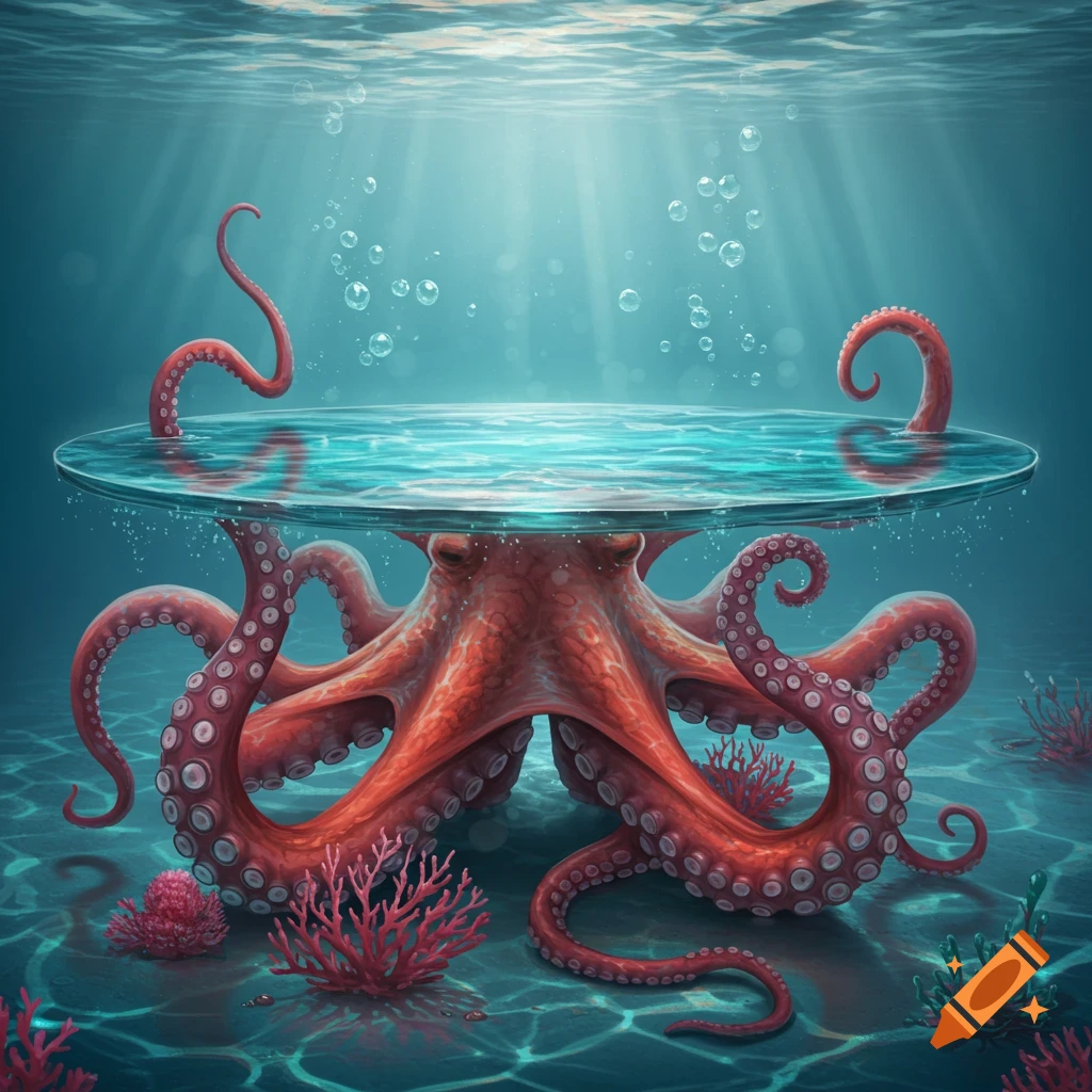 A vibrant red octopus with tentacles forming the base of a clear glass table underwater, surrounded by coral and bubbles.