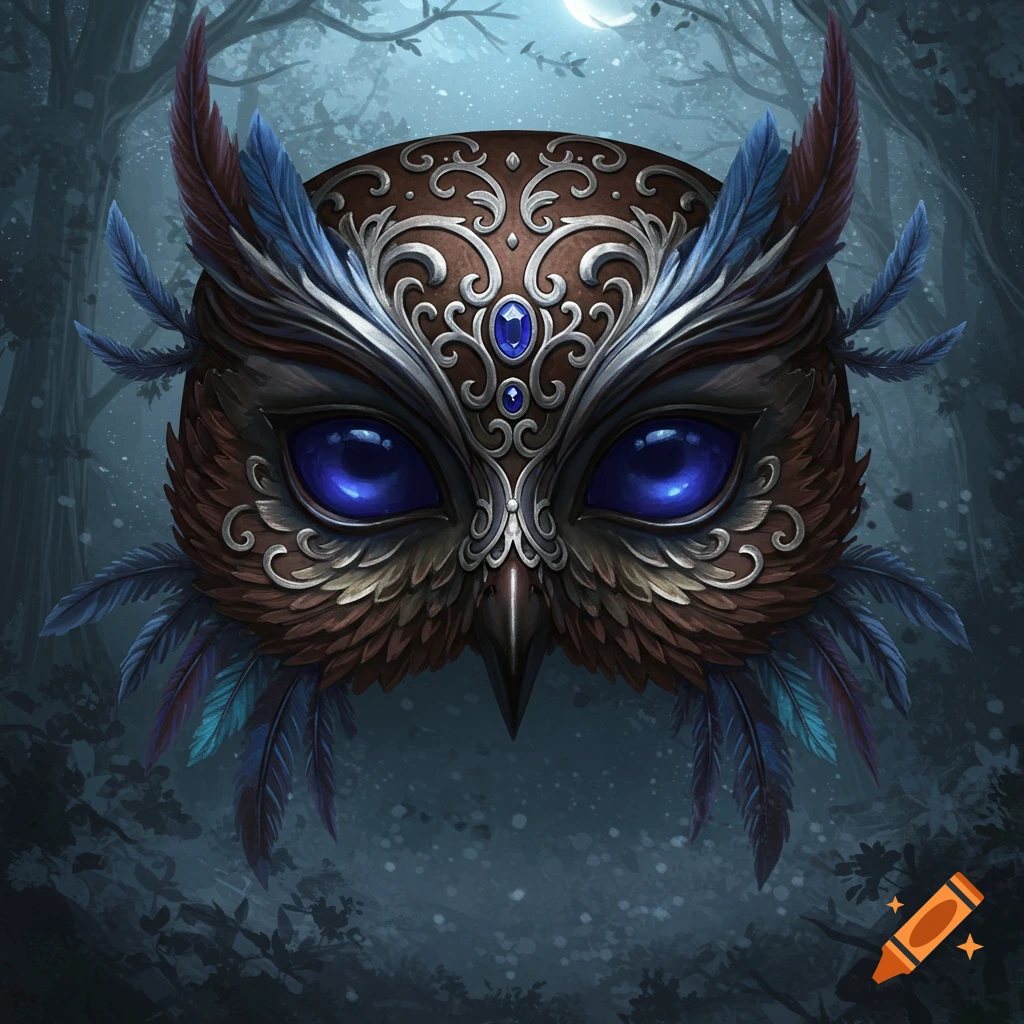 An ornate, detailed owl mask with glowing blue eyes and feathered accents, set against a dark, mystical forest background under a crescent moon.