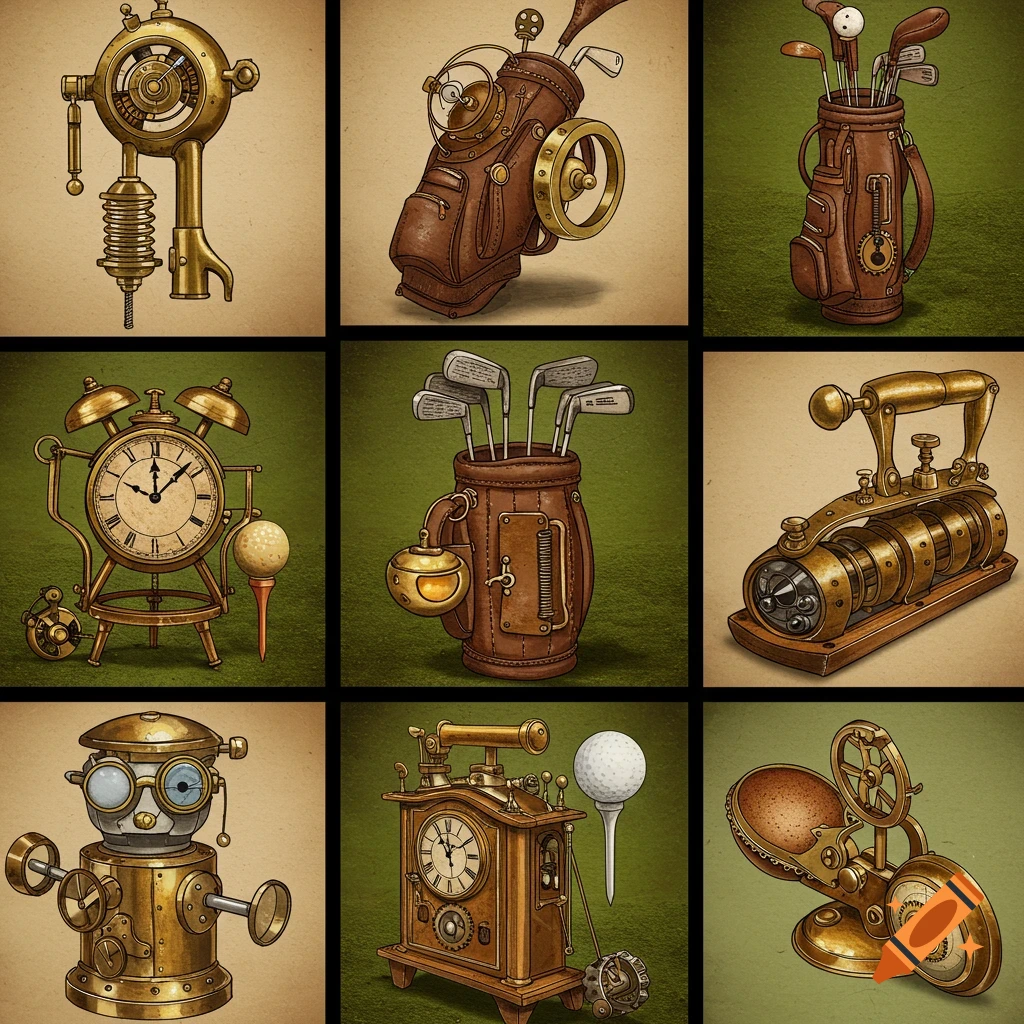 A 3x3 grid collage of nine vintage steampunk-style illustrations featuring various golf gadgets and equipment.