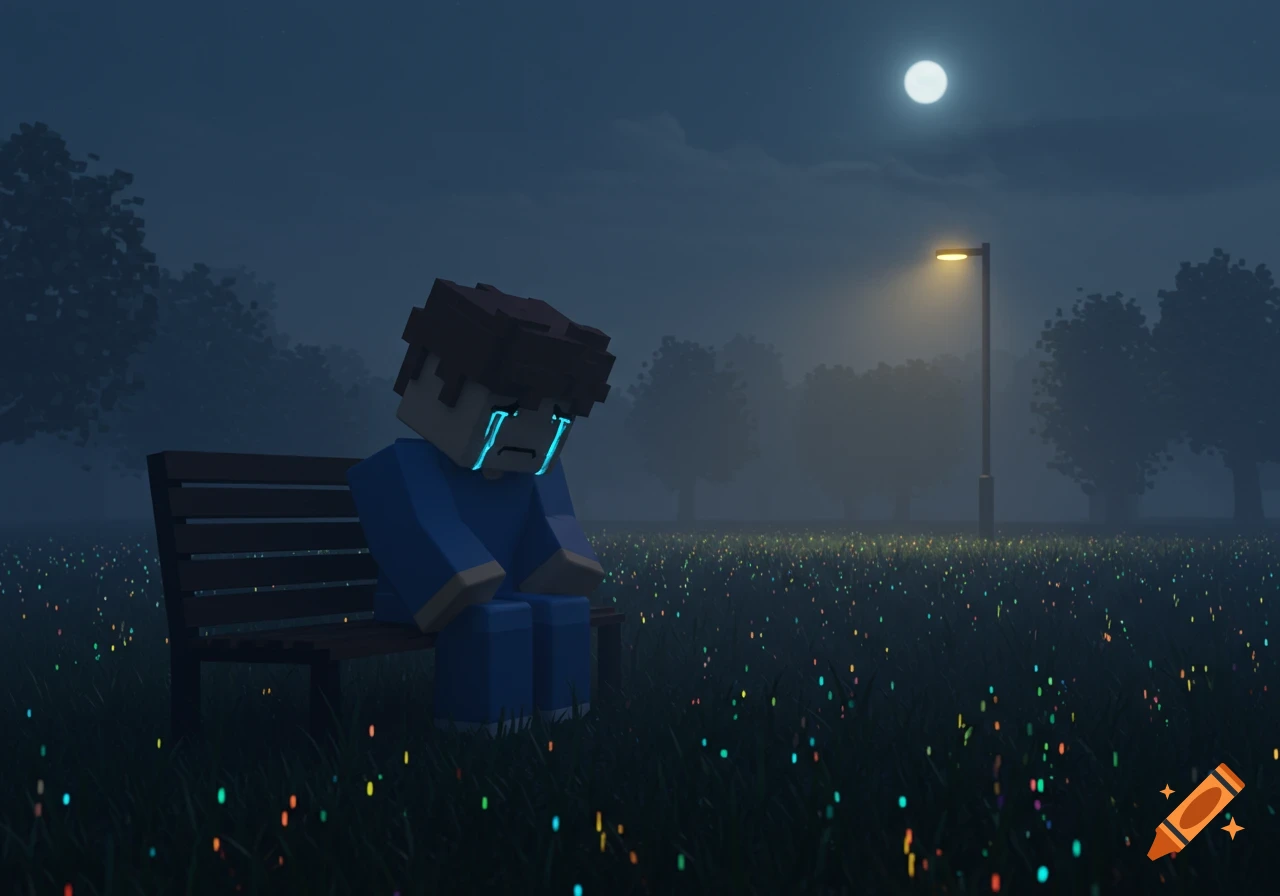 A blocky character with glowing blue tears sits on a park bench at night under a full moon, surrounded by glowing grass.