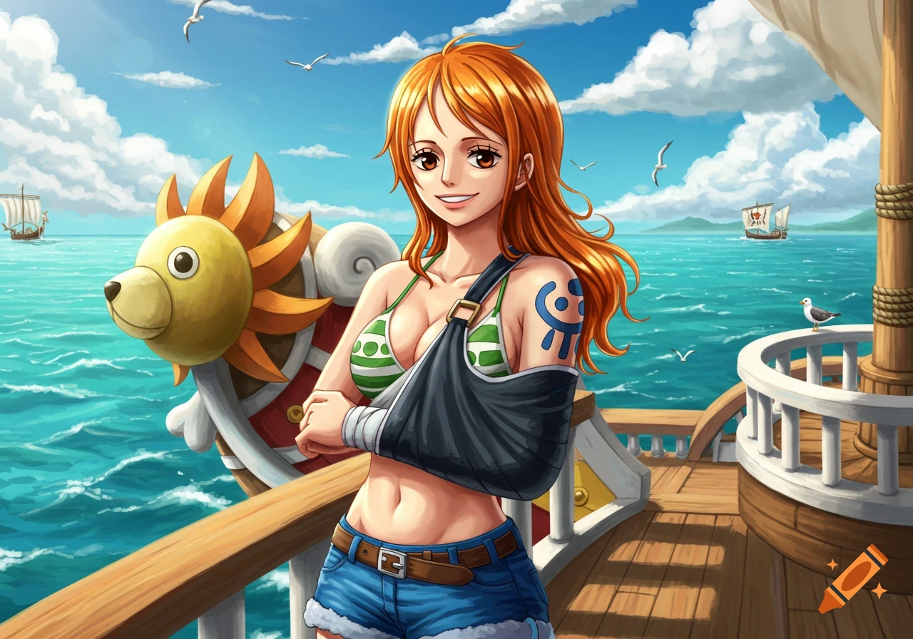 Anime character Nami from One Piece on a ship deck, wearing a striped bikini and shorts with her arm in a sling, against a sunny sea background.