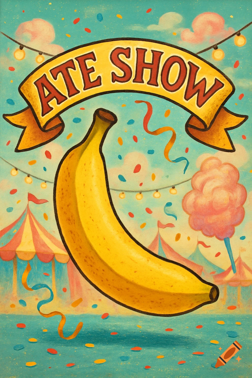 A vibrant cartoon-style poster features a large banana in front of a circus tent, with a banner that reads 'ATE SHOW', confetti, and string lights.