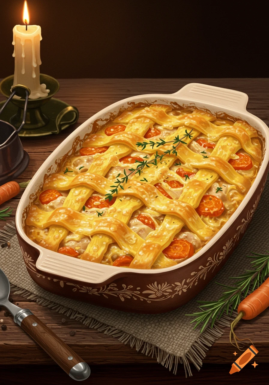 A golden lattice-crusted cheesy chicken and carrot casserole on a rustic wooden table, with a lit candle and fresh herbs.