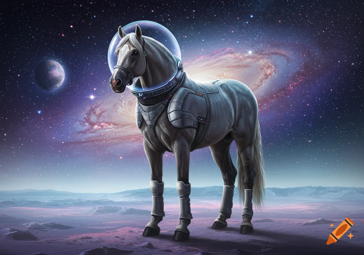 A white horse wearing a futuristic space suit and helmet stands on a purple alien landscape under a starry sky with a galaxy and a distant planet.