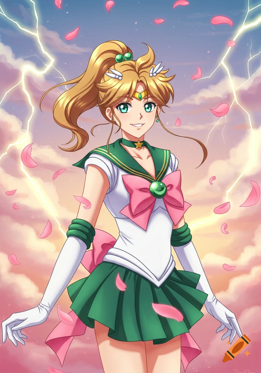 A blonde anime girl dressed as Sailor Jupiter in a green and white uniform, surrounded by lightning and pink petals.