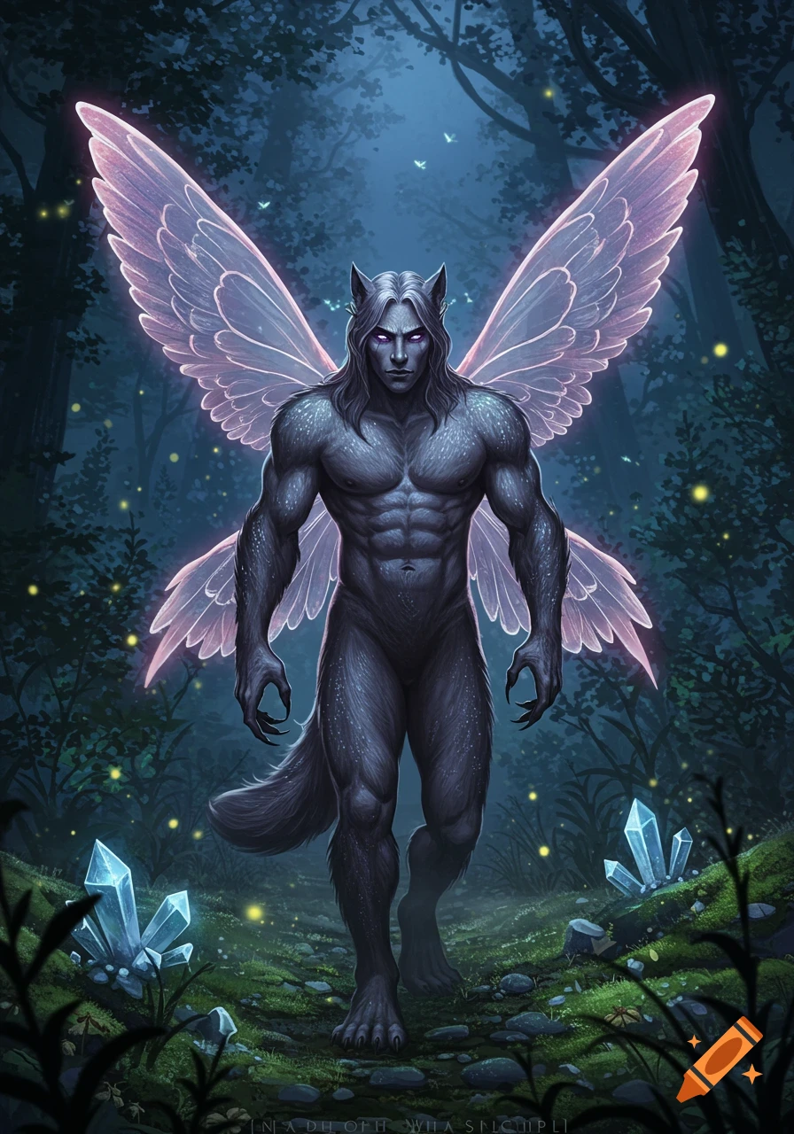 Muscular, dark-furred werewolf-like male with long hair, glowing pink butterfly wings, and purple eyes stands in a magical forest with glowing crystals.