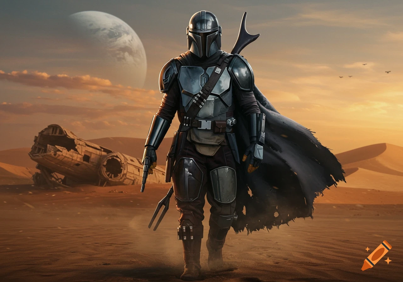 The Mandalorian stands armored in a desert with a crashed ship and a large planet under an orange sky.