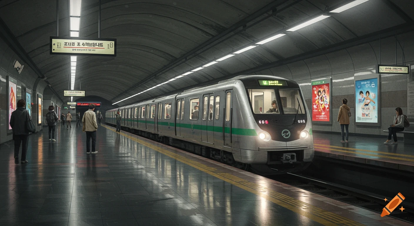 A photorealistic image of a silver subway train arriving at a dimly lit station platform with several passengers waiting.