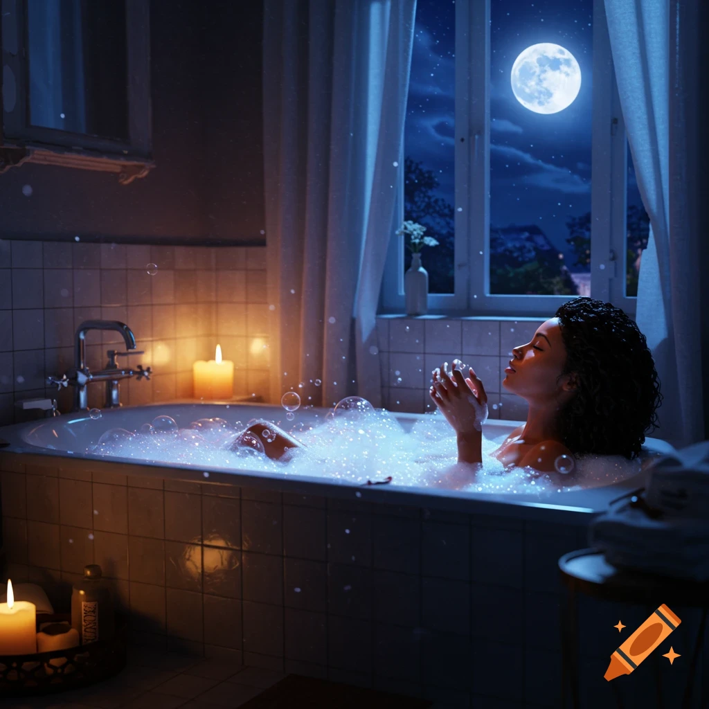 A Black woman relaxes in a bubbly bath by moonlight, illuminated by candles in a dark bathroom.