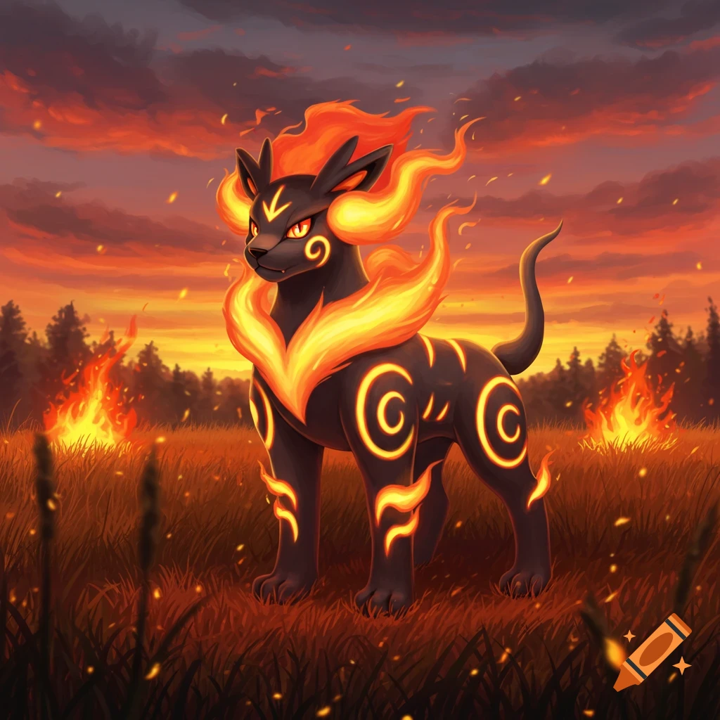 A black fire-elemental Pokémon stands in a burning field at sunset, stylized digital art.