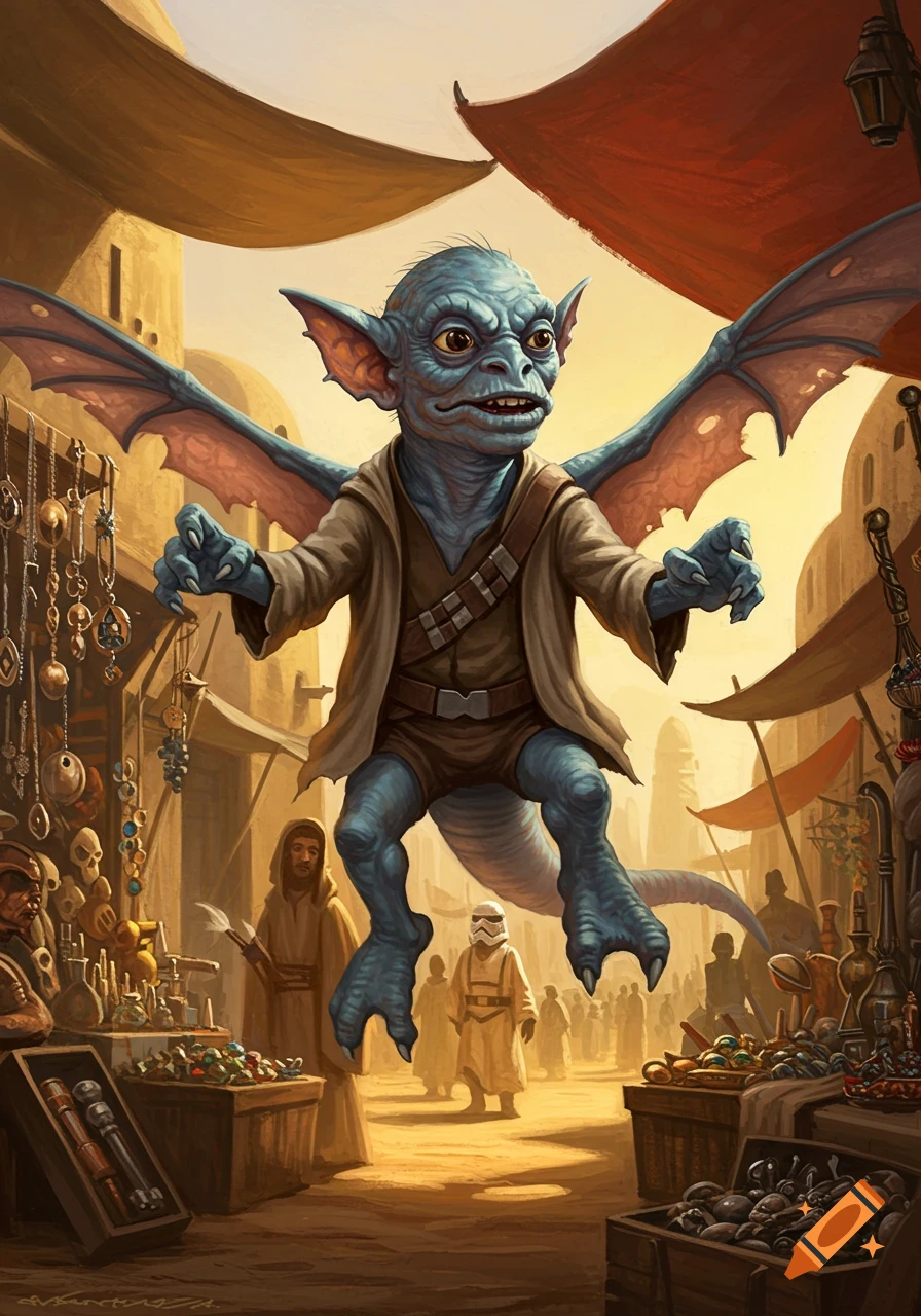 A blue-skinned, winged alien resembling Watto hovers over a busy, sunlit desert market filled with stalls and figures, in a stylized illustration.