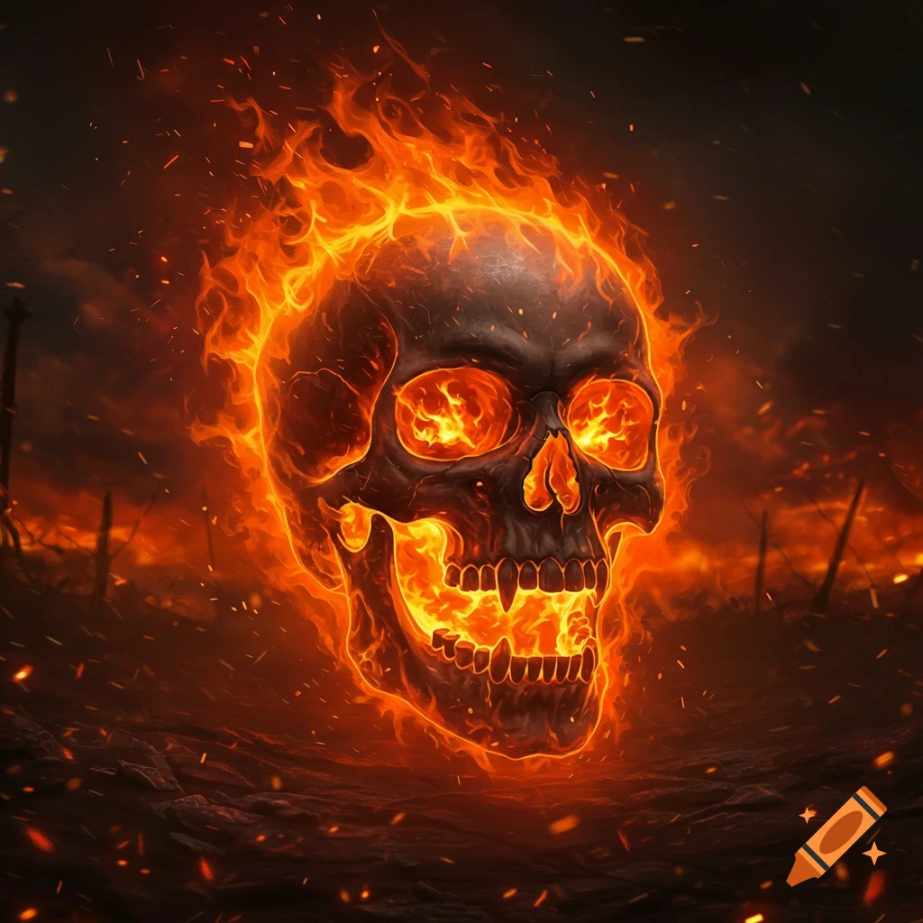 A dark, stylized skull engulfed in vibrant orange flames, set against a fiery, desolate landscape.