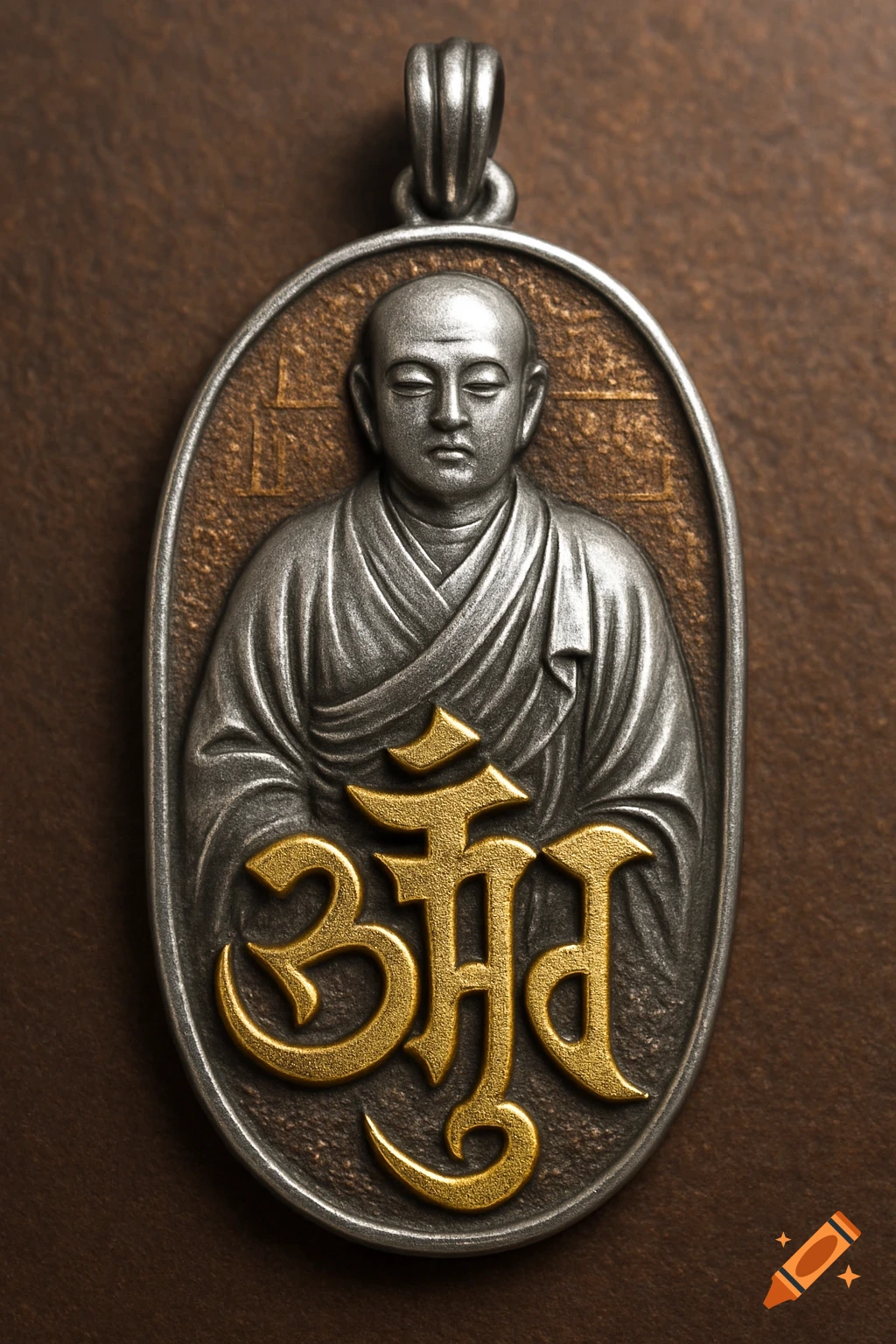 Detailed silver pendant with a meditating Buddhist monk relief and an embossed golden Om symbol on a dark brown background.