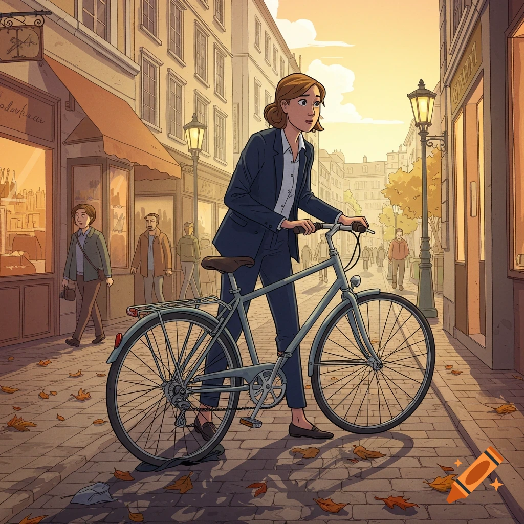An illustration of a woman in a suit pushing a bicycle with a flat tire down a sunny autumn city street.