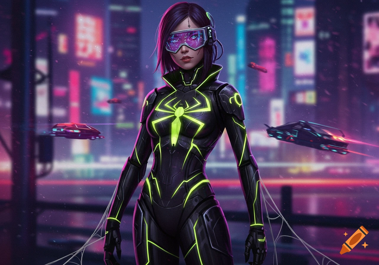 A cyberpunk woman in a black and neon yellow spider-themed suit and glowing goggles stands in a neon city.