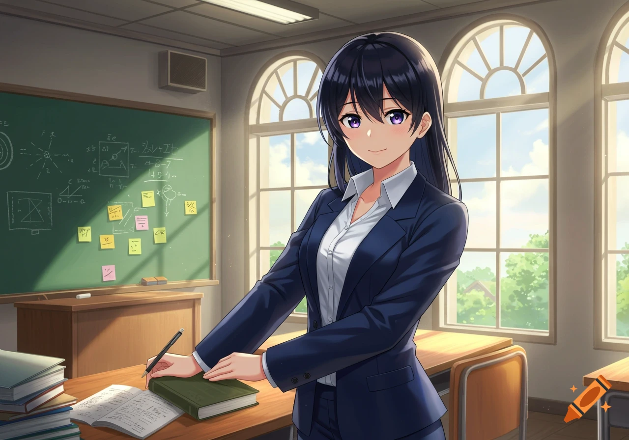 An anime teacher in a blue suit stands at a desk, holding a pen over an open book in a classroom with a blackboard and arched windows.
