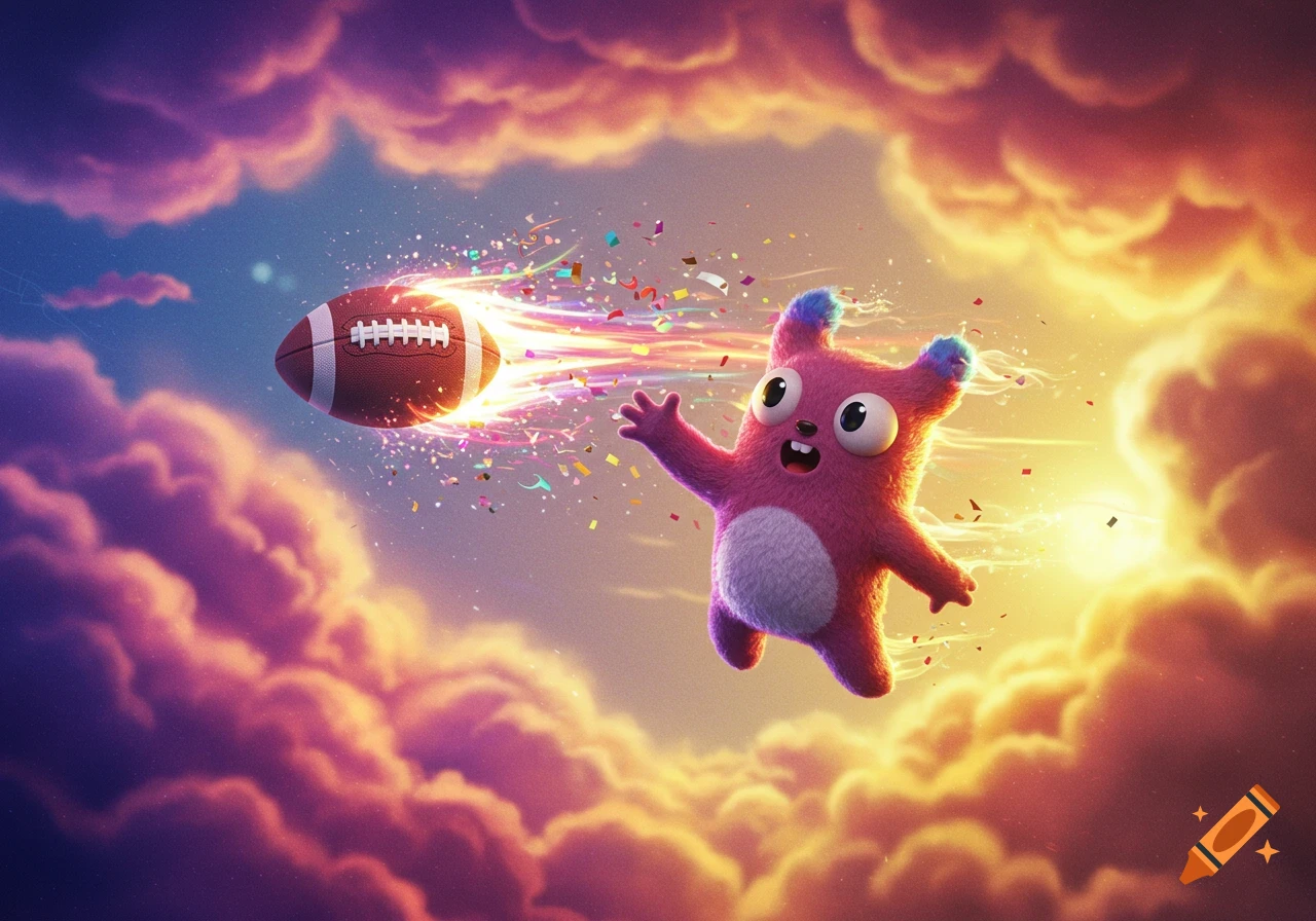 A cute pink monster with big eyes flies through colorful clouds, reaching for a football streaking with rainbow light and confetti.