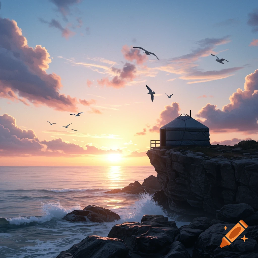 A yurt on a rocky cliff overlooking a serene ocean at sunset with birds flying in the pastel sky.