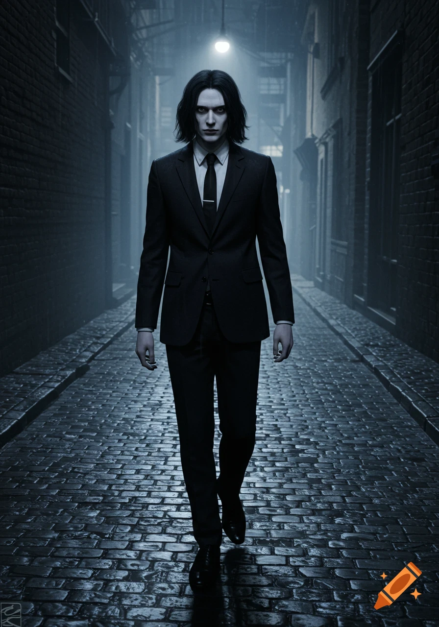 A pale man with black hair in a suit walks down a dark, wet cobblestone alley under a single street lamp. Photorealistic.