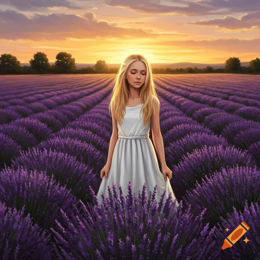A digital painting of a blonde girl in a white dress standing in a vast lavender field at sunset.