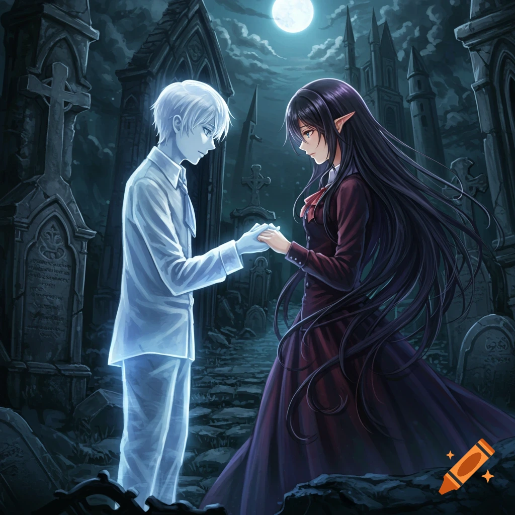 Anime art of a translucent ghostly boy holding hands with a girl in a dark, gothic cemetery under a full moon.