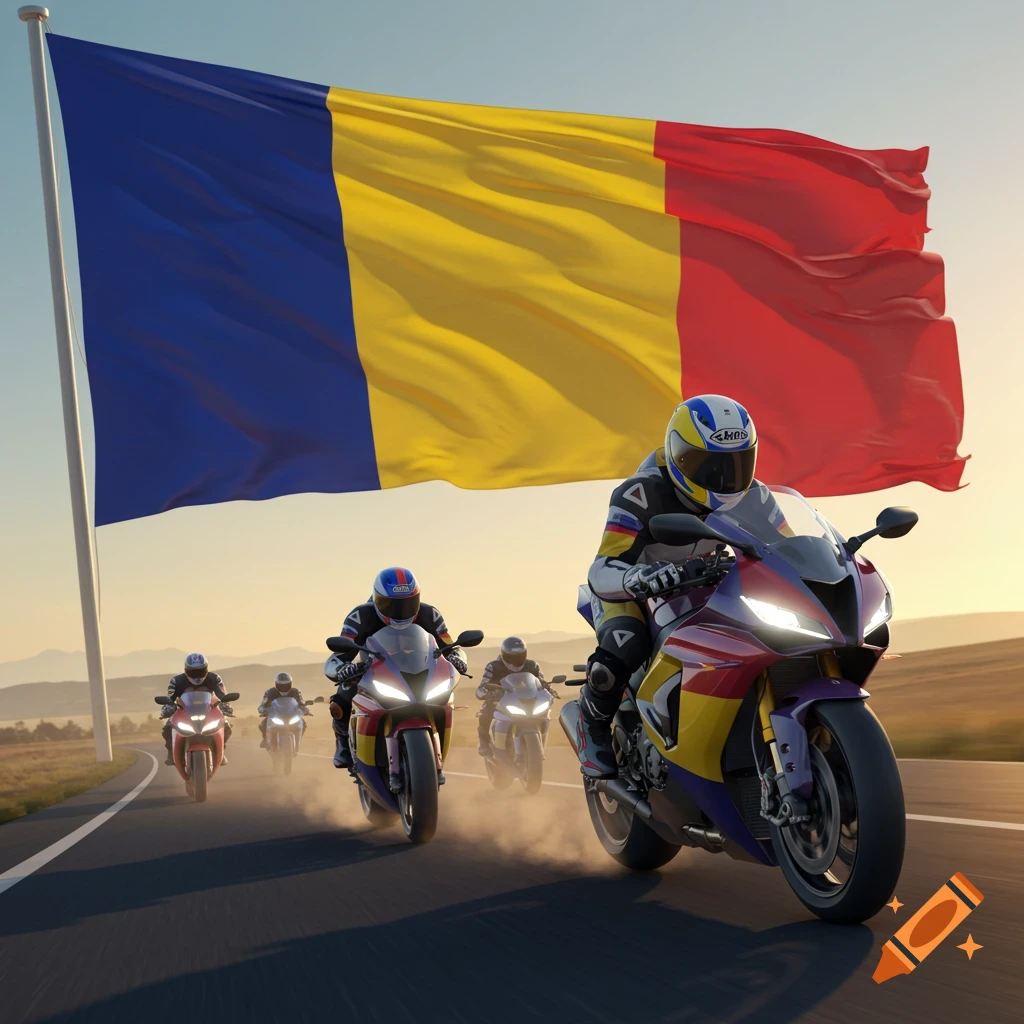 Several motorcyclists in racing gear speed down a road, with a large Romanian flag waving prominently behind them under a clear sky.