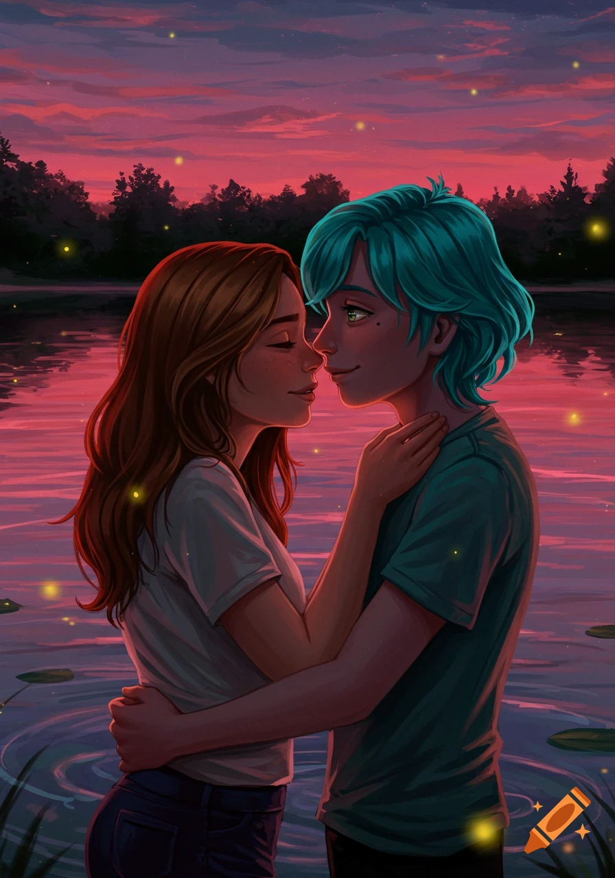 Stylized illustration of a couple embracing by a lake at sunset, with fireflies glowing around them.