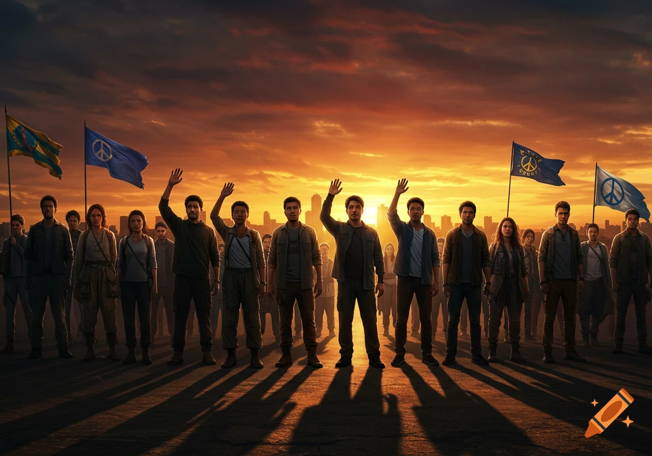 A diverse group of people wave under a dramatic sunset, holding flags with peace symbols, with a city skyline in the background.