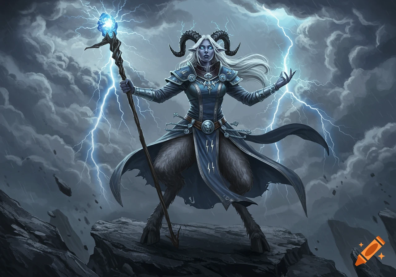 A horned female satyr cleric with goat legs on a cliff, summoning lightning with a staff and hands against a stormy sky.
