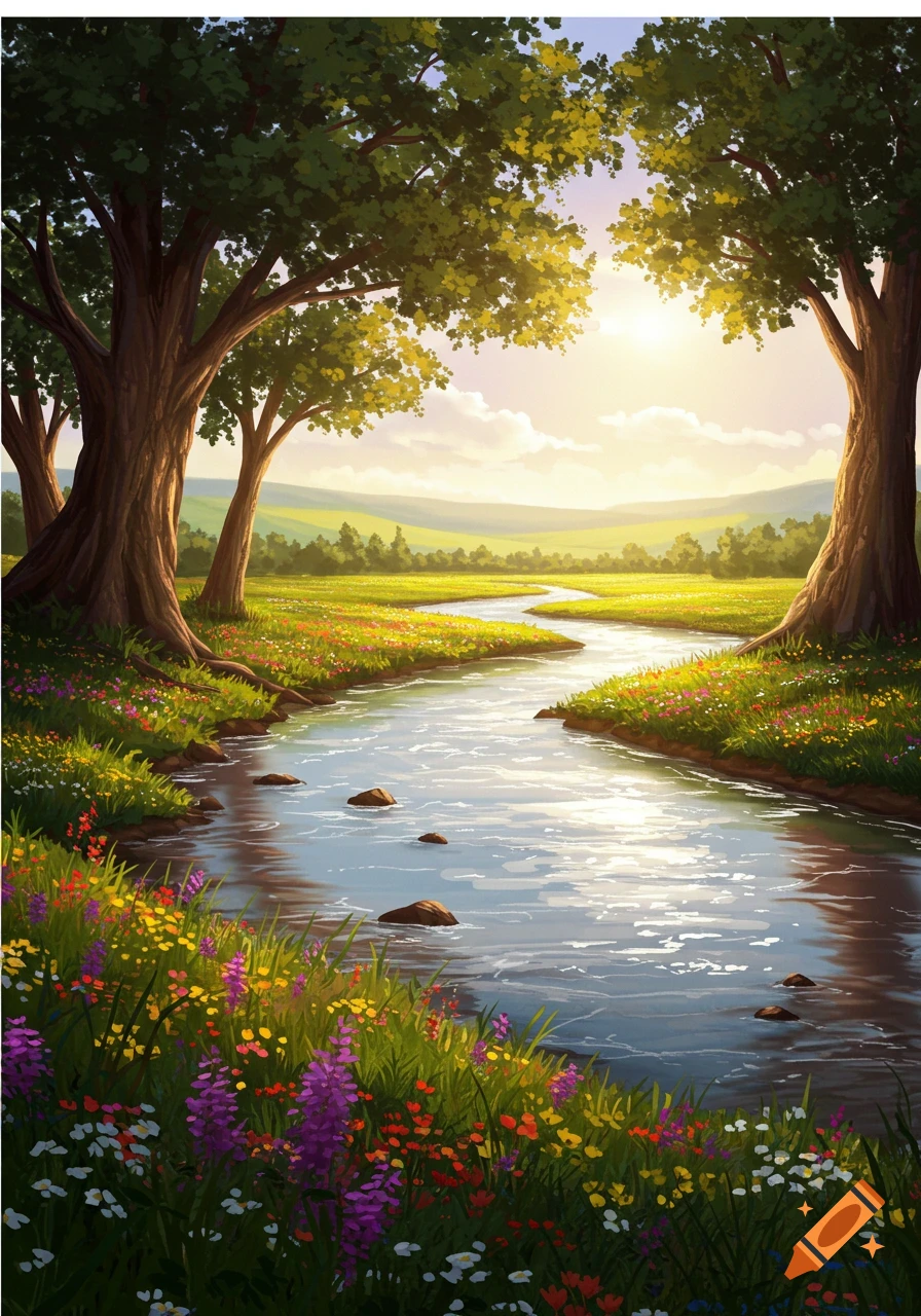 A vibrant, stylized painting of a winding river through a lush field of wildflowers and trees under a sunlit sky.